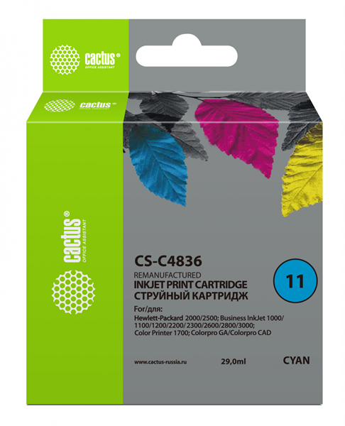 Картридж струйный Cactus CS-C4836 №11 голубой (29мл) для HP BIJ 1000/1100/1200/2200/2300/2600/2800 Картридж струйный Cactus CS-C4836 №11 голубой (29мл) для HP BIJ 1000/1100/1200/2200/2300/2600/2800