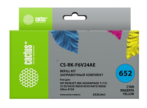 заправочный набор Cactus RK-F6V24AE многоцветный (3x30мл) для HP DJ Ink Adv 1115/2135/3635/3835/4535