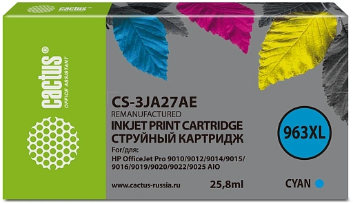 струйный Cactus 963XL голубой (25.5мл) для HP OfficeJet Pro 9010/9010e/9012/9014/9015/9016/9019