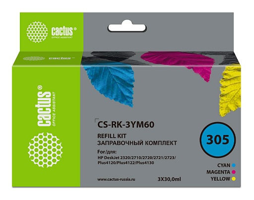 заправочный набор Cactus 305 многоцветный (3x30мл) для HP DeskJet 2710/2120/2721/2722