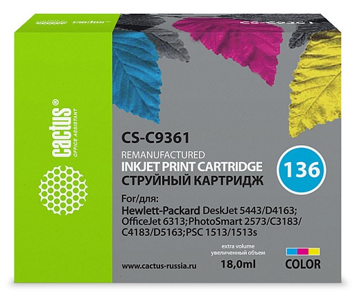струйный Cactus 136 многоцветный (18мл) для HP DJ 5443/D4163/DJ 6313/PS 2573/C3183/C4183/D5163/1513/1513s